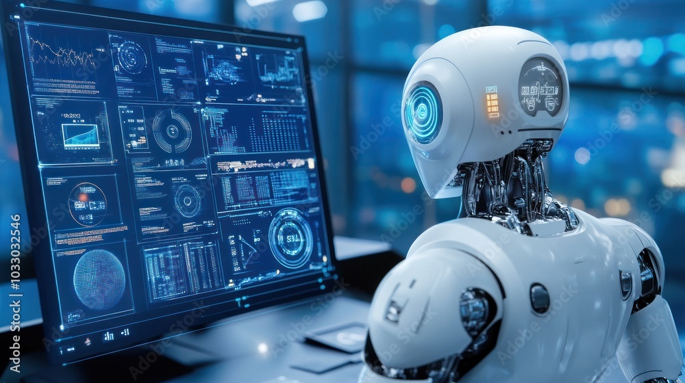 Poster Humanoid Robot Analyzing Data on a Computer Screen