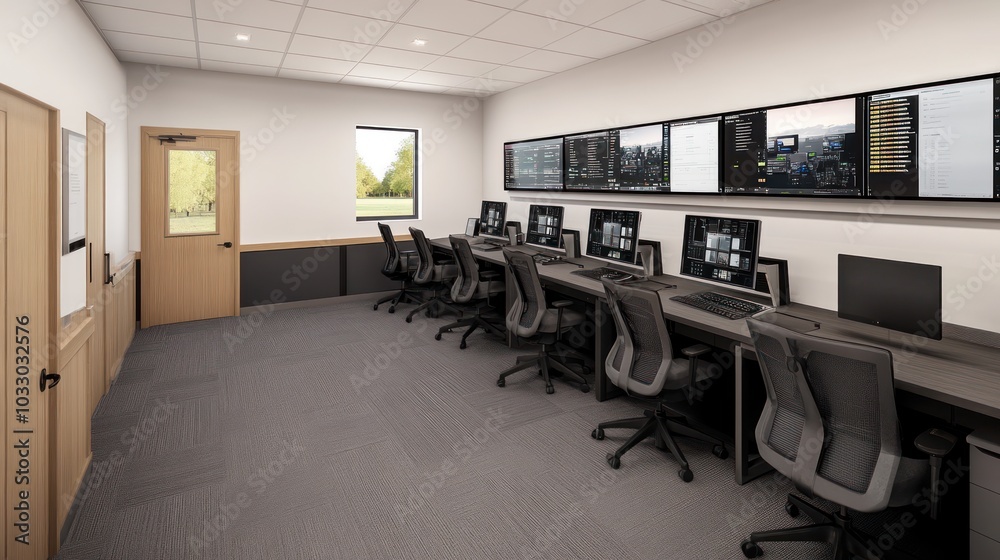 Poster Modern Office Room with Multiple Computer Workstations and Monitors Displaying Data