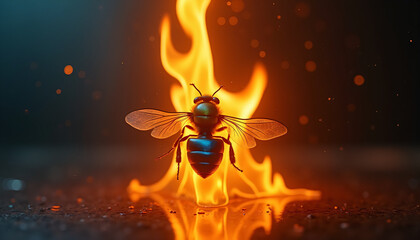 Bee surrounded by flames in a dramatic close-up