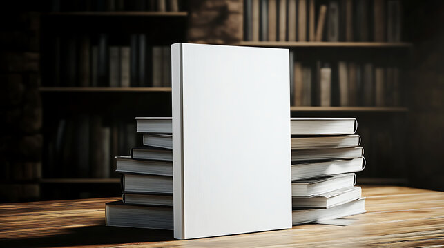 Blank hardcover book mockup standing on stacked books on wooden table in spotlight  AI generate image