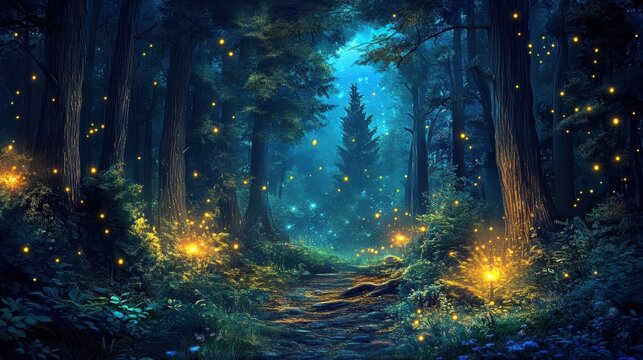 Enchanted forest path lit by fireflies.