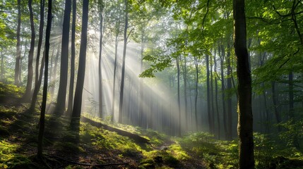 Sunlight streams through a misty forest.