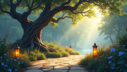 Magical old oak tree with lanterns and flowers in a sunlit meadow