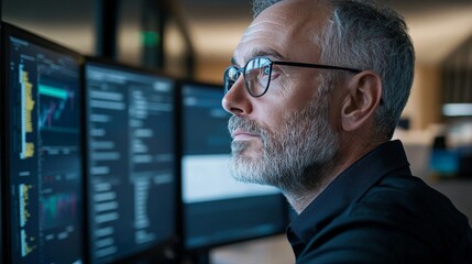 An actuary reviewing insurance risk models, focused on financial data displayed on multiple monitors in a corporate office