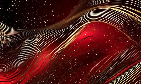 Abstract red and gold background with wavy lines and golden glitter.