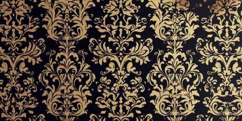 Gold floral pattern on black background.