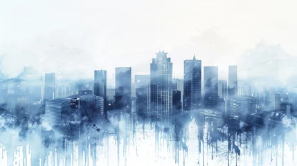 Abstract watercolor city skyline with misty blue tones and towering skyscrapers