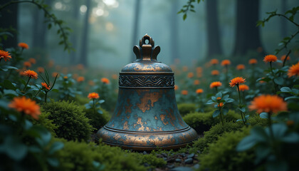 Obraz premium Decorative bell in a garden surrounded by flowers