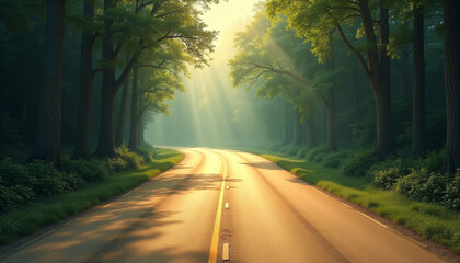 Fototapeta premium Sunlit forest road with tall trees on both sides