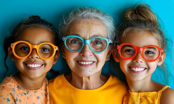 Three-generation family making funny faces with fake glasses.
