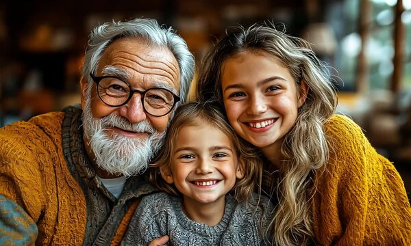 Three-generation family sitting on the floor and having fun.