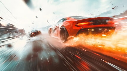 Obraz premium Red sports car speeding on the road.