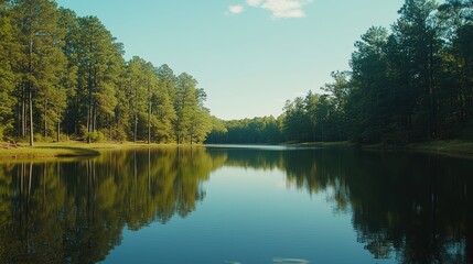 Obraz premium Forest reflecting in still lake water.