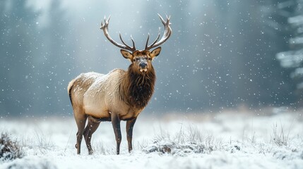 majestic elk with large antlers stands in a snowy winter landscape, surrounded by gently falling snowflakes, creating a serene wildlife scene.