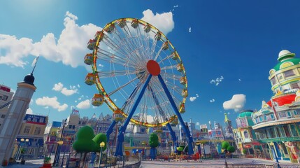 Colorful Ferris Wheel in a Vibrant Amusement Park Scene