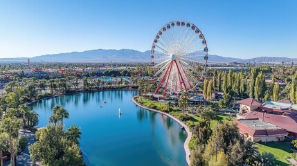 Fototapeta premium Scenic View of Ferris Wheel and Lake in Amusement Park
