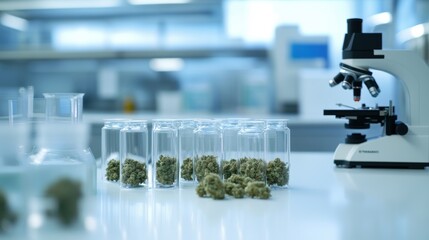 Cannabis buds and microscope in lab setting.
