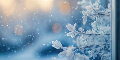 Frost-covered branches on window with blurred background.