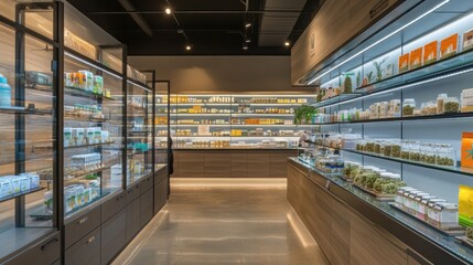 Modern cannabis dispensary with shelves of products.