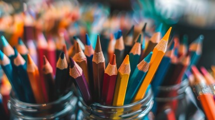 Vibrant close-up of assorted colored pencils in multiple jars on table, creative school supplies concept for art projects and classroom design featuring bright and colorful pencils in organized contai