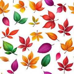 Fototapeta premium Vibrant Autumn Leaf Seamless Pattern with Colorful Red, Yellow, Green, and Purple Leaves on White Background, Abstract Seasonal Design