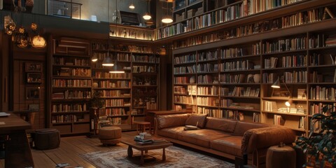 Obraz premium Cozy living room with large leather couch and bookshelves.