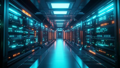 Fototapeta premium Futuristic server room with rows of glowing racks and blue lighting.