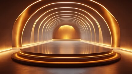 Obraz premium A sleek, glowing room with golden light and minimalist geometry. Lines of light surround the stage in the center, creating a dynamic focal point
