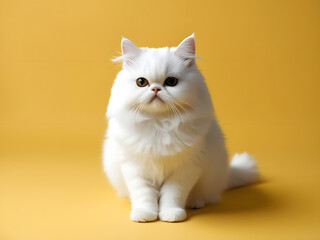 portrait of a cute little white persian cat sitting on yellow background	