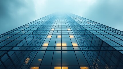 Fototapeta premium A sleek, reflective skyscraper with large glass windows, minimalist design, modern cityscape, sharp edges, glowing city lights reflecting off its surface, Futuristic, 3D Render