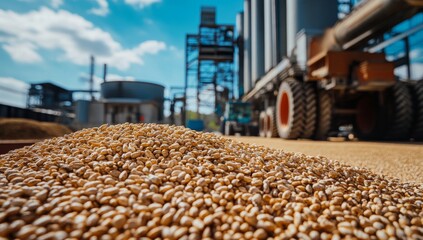 Close-up of a pile of grain in front of a large industrial grain silo.