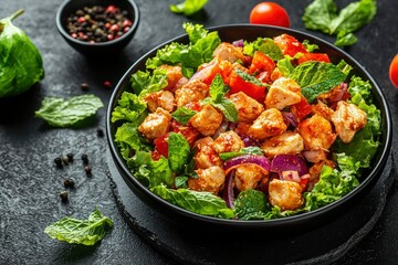 Fototapeta premium Chicken, Tomato, and Red Onion Salad with Mint in a Black Bowl