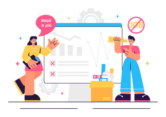 Unemployment Rate Vector Illustration featuring individuals actively searching for Jobs Amid Economic Downturns and Financial Crises in a Background