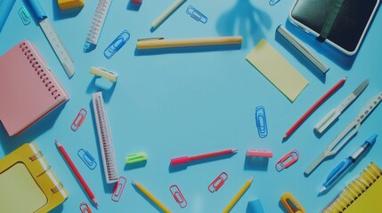Back to school essentials: flat lay of colorful school stationery items including notebooks, pencils, and erasers arranged on a vibrant blue background, top view overhead shot for educational themes a