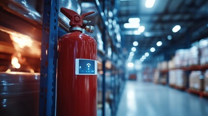 A close-up of a smart fire extinguisher, using AI to monitor heat levels and deploying suppression materials in a warehouse setting