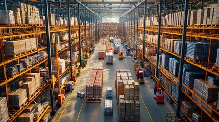 Aerial view of a busy warehouse with numerous pallets and forklifts operating during daytime