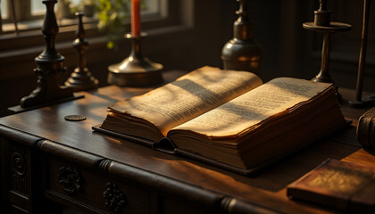 Open book on a vintage wooden desk in a dimly lit study