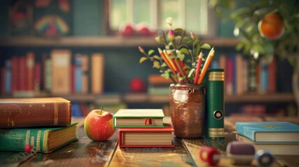 Creative back to school concept featuring colorful stationery and supplies, including notebooks, pencils, and educational tools on a bright background, ideal for classroom settings, student projects, 