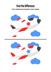 Find 5 differences. educational game for children. illustration of cartoon the plane. Education worksheet Printable A4 size.