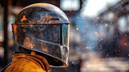 A close-up of a welder helmet, with reflections of sparks visible on the visor, in the midst of industrial metalworking