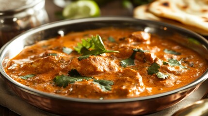 A close-up of butter chicken curry with naan, the creamy sauce and vibrant spices emphasized for a mouth-watering effect