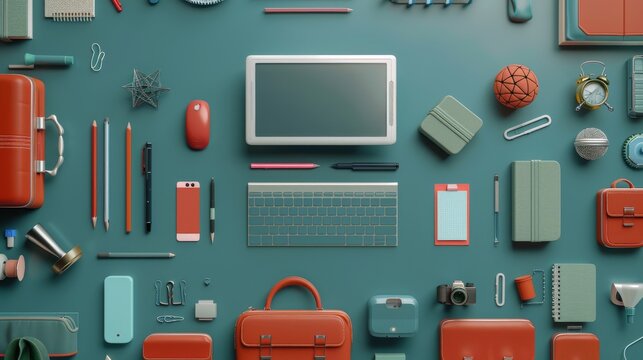 Back to School Concept with Modern Technology Gadgets and Classic School Supplies on Erased Chalkboard Background, Blending Digital Learning Tools with Traditional Education Elements in Classroom Sett