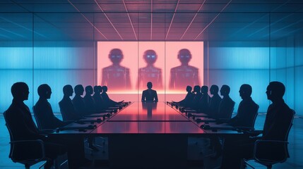 Silhouettes of people in a futuristic boardroom.
