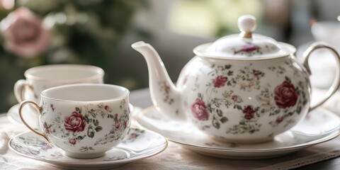 Floral teacups, teapot and saucers.