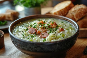 A Bowl of Cabbage Soup with Sausage and Parsley