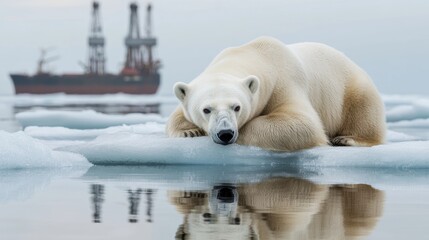 Obraz premium Polar bear resting on ice floe with ship in background.
