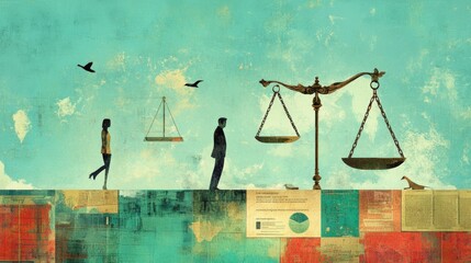 A conceptual business ethics illustration showing the decision-making process, with scales weighing profit against integrity and moral values