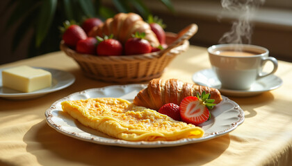 Omelette and fresh fruit arranged beautifully for breakfast