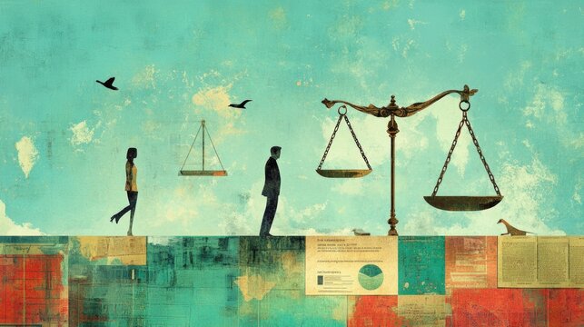 A conceptual business ethics illustration showing the decision-making process, with scales weighing profit against integrity and moral values