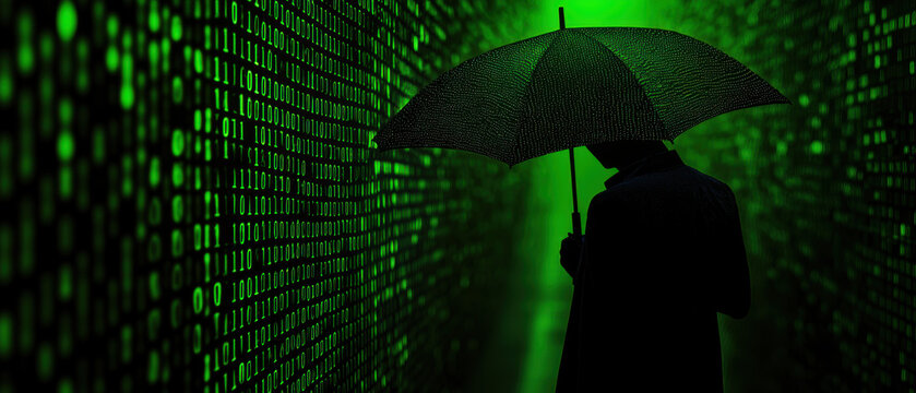 A mysterious figure under a green umbrella stands amidst a backdrop of binary code, creating a digital and surreal atmosphere.